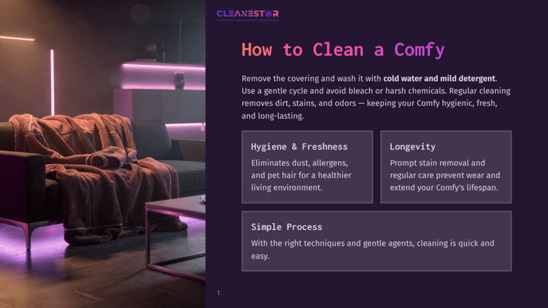 1 How To Clean A Comfy A Cozy Living Room At Night With A Plush Blanket Draped Over A Sofa, Illuminated By Soft Purple And Pink Ambient Lighting. The Text &Quot;Cleanestor&Quot; And &Quot;How To Clean A Comfy&Quot; Is Visible.