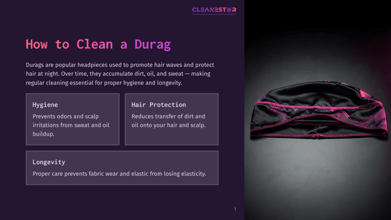 1 How To Clean A Durag A Black Durag With Pink And Purple Stitching Lies On A Dark Background, Next To A Presentation Slide Titled &Quot;How To Clean A Durag&Quot; Which Details Hygiene, Hair Protection, And Longevity.