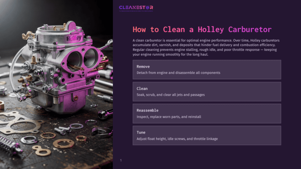 1 How To Clean A Holley Carburetor A Vintage Holley Carburetor Sits On A Wooden Surface Surrounded By Disassembled Parts And Gasket Seals, With A &Quot;Cleanestor&Quot; Logo And Instructions On How To Clean A Holley Carburetor Visible In The Background.