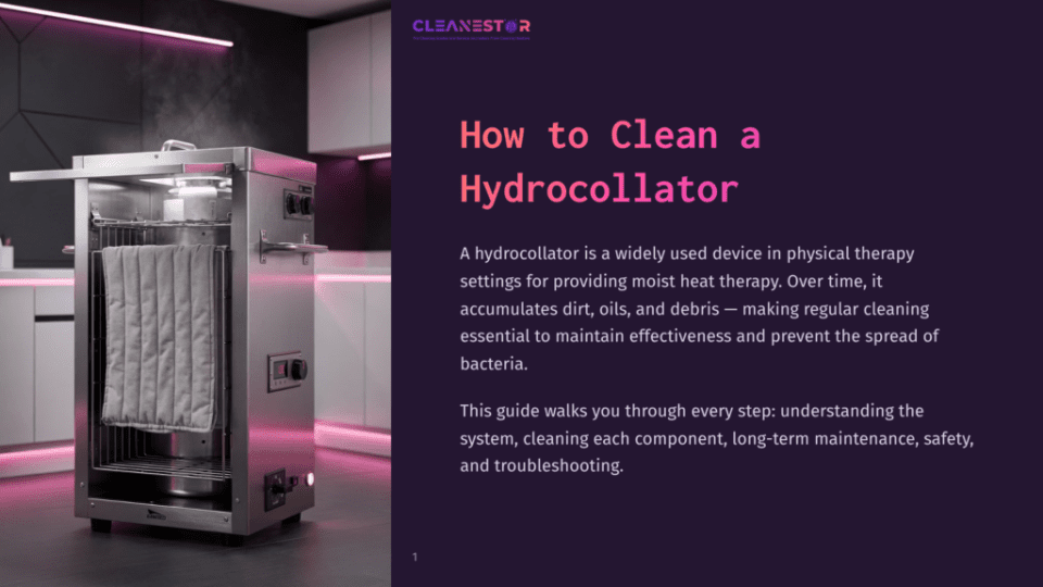 1 How To Clean A Hydrocollator A Stainless Steel Hydrocollator Unit With A Towel Inside, Illuminated By Pink Led Lighting In A Modern Kitchen Setting. The Cleanestor Logo And &Quot;How To Clean A Hydrocollator&Quot; Text Are Visible.