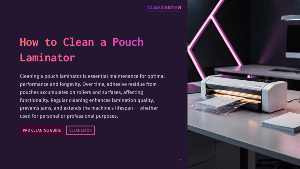 1 How To Clean A Pouch Laminator An Office Desk With A White Laminator Machine Under Pink Lighting, Next To A Stack Of Clear Plastic Sheets, Against A Purple Background With The Text &Quot;How To Clean A Pouch Laminator.&Quot; A Computer Monitor And Pink Light Fixtures Are Visible In The Background.
