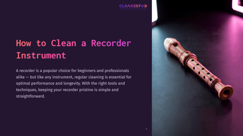 A Wooden Recorder Instrument Rests On A Dark, Reflective Surface, Bathed In Dramatic Pink And White Light. The Text &Quot;How To Clean A Recorder Instrument&Quot; Is Visible On The Left.