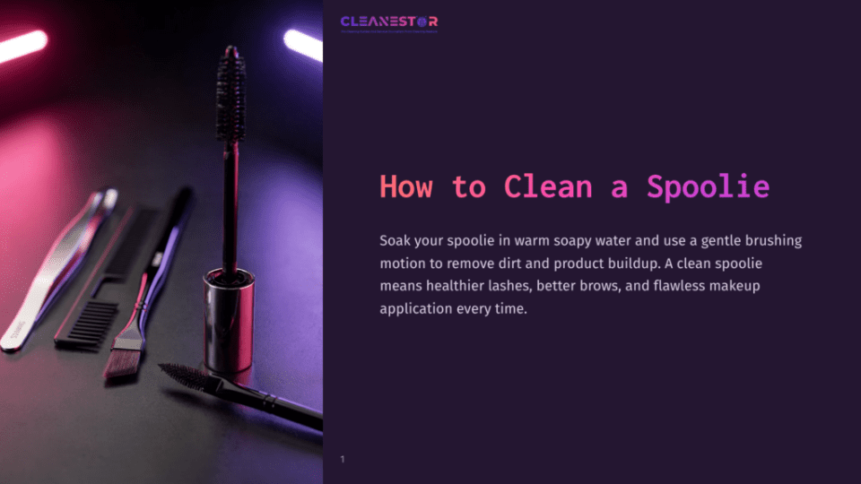 1 How To Clean A Spoolie How To Clean A Spoolie&Quot; Title Card With A Mascara Wand, Tweezers, And Comb On A Dark, Glossy Surface, Illuminated By Neon Pink And Purple Lights.