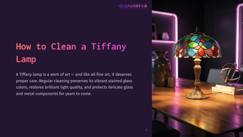 1 How To Clean A Tiffany Lamp A Close-Up Of A Tiffany Lamp With A Stained-Glass Shade In Vibrant Colors, Casting A Warm Glow On A Wooden Table. The Lamp Sits On A Desk Next To Books And Decorative Objects, With A Softly Lit Room In The Background.