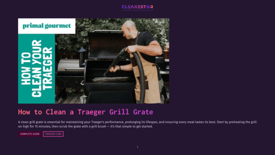 1 How To Clean A Traeger Grill Grate How To Clean Your Traeger&Quot; Text Overlay On An Image Of A Bald Man In A Tan Apron Cleaning A Traeger Grill Grate With A Brush.