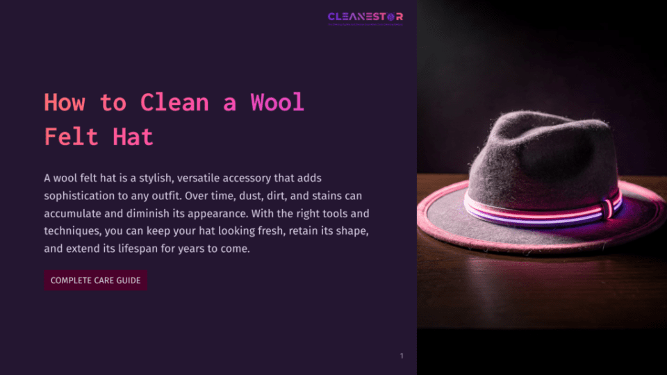 1 How To Clean A Wool Felt Hat A Dark Grey Wool Felt Fedora Hat With A Colorful Striped Band Sits On A Dark Wooden Surface, Illuminated By Soft Lighting. Text On The Left Reads &Quot;How To Clean A Wool Felt Hat&Quot; And &Quot;Complete Care Guide&Quot;.