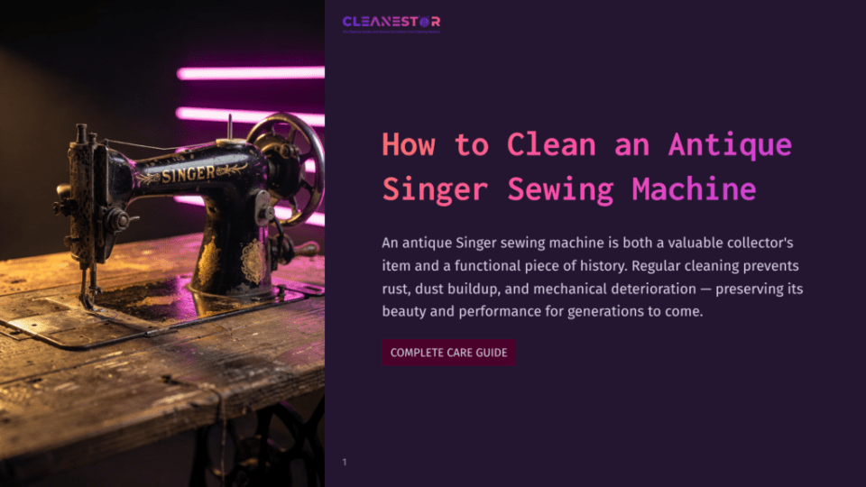 1 How To Clean An Antique Singer Sewing Machine An Antique Black Singer Sewing Machine Sits On A Rustic Wooden Table, Illuminated By Soft, Colorful Lighting. The Text &Quot;How To Clean An Antique Singer Sewing Machine&Quot; Is Overlaid On The Right.