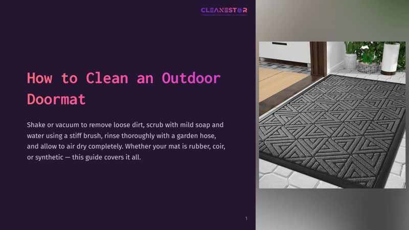 A Dark Grey Outdoor Doormat With A Geometric Triangle Pattern Sits On A Tiled Floor, With A Doorway And Plants Visible In The Background. The Image Is Part Of A Guide On &Quot;How To Clean An Outdoor Doormat&Quot;.