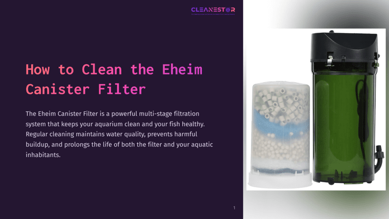 Green Eheim Canister Filter Placed Beside A Transparent Container Filled With White And Blue Beads, Against A Purple Background.