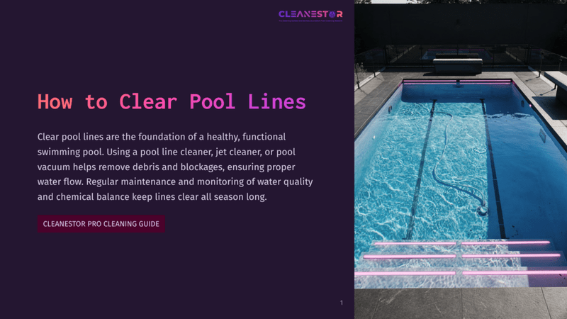 1 How To Clear Pool Lines A Modern Swimming Pool With Bright Pink Led Lights Illuminating The Steps And Underwater. The Pool Water Is Clear And Reflects The Lights, With The Text &Quot;How To Clear Pool Lines&Quot; And &Quot;Cleanestor Pro Cleaning Guide&Quot; Overlaid On The Left.