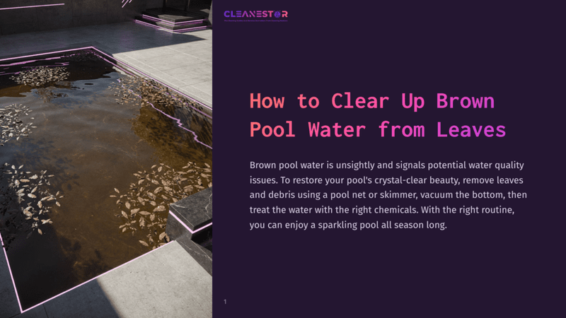 1 How To Clear Up Brown Pool Water From Leaves A Close-Up View Of A Pool Filled With Murky Brown Water And Floating Debris, Including Leaves And Small Twigs, Against A Modern Backdrop.