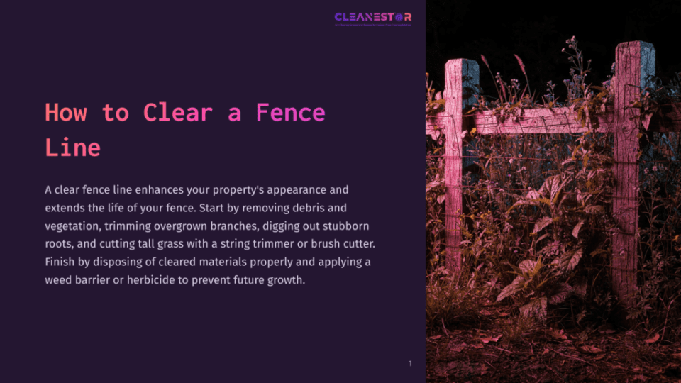 1 How To Clear A Fence Line A Weathered Wooden Fence Post And Wire, Overgrown With Vines And Weeds, Stands In A Field At Dusk. The Text &Quot;How To Clear A Fence Line&Quot; Is Overlaid On The Left.