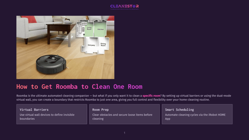 1 How To Get Roomba To Clean One Room A Roomba Robot Vacuum Navigates A Modern Living Room With An Open Floor Plan, Featuring A Kitchen, Dining Room, And Entryway. The Image Highlights How To Get Roomba To Clean One Room, With Text Overlaying The Scene.