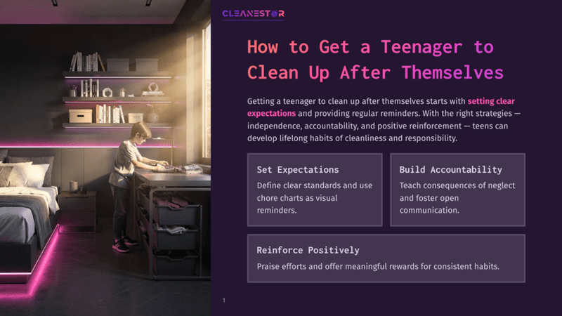 1 How To Get A Teenager To Clean Up After Themselves Teenage Boy Tidies His Desk In A Modern Bedroom With Led Strip Lighting, Learning To Clean Up After Themselves.