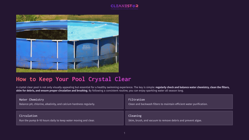 1 How To Keep Your Pool Crystal Clear Split Image Showing A Dirty, Murky Pool On The Left And A Crystal Clear, Sparkling Blue Pool On The Right, With The Text &Quot;How To Keep Your Pool Crystal Clear&Quot; Overlaid.