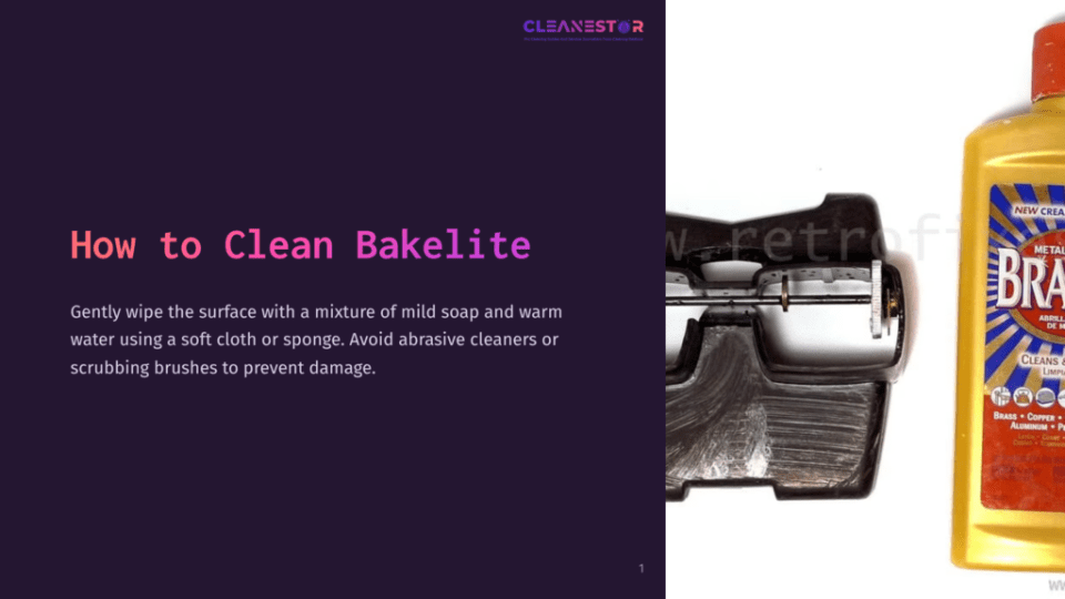 1 How To Clean Bakelite Bakelite Object On A Light Background, Showing Glossy, Dark Surface With Visible Patterns And Textures, Alongside Cleaning Instructions.