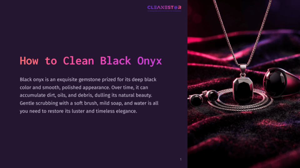 1 How To Clean Black Onyx Close-Up Of Elegant Black Onyx Jewelry, Including A Pendant Necklace And A Ring, Resting On A Dark, Textured Velvet Surface With Dramatic Lighting.