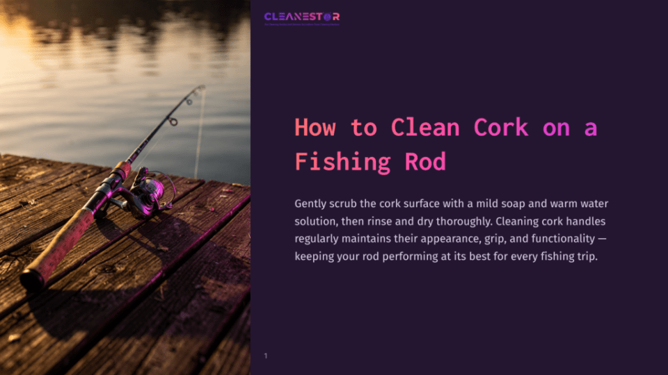 A Fishing Rod With A Cork Handle Rests On A Wooden Dock At Sunset, With The Text &Quot;Cleanestor&Quot; And &Quot;How To Clean Cork On A Fishing Rod&Quot; Visible.