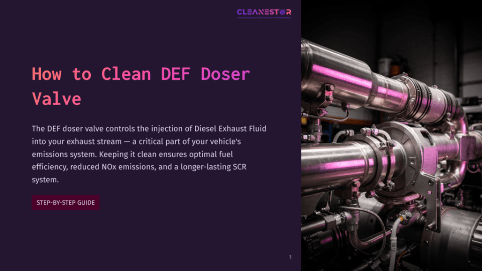 1 How To Clean Def Doser Valve Close-Up Of A Complex Industrial Exhaust System With Shiny Metal Pipes And A Prominent Def Doser Valve. Text Overlay Reads &Quot;How To Clean Def Doser Valve.