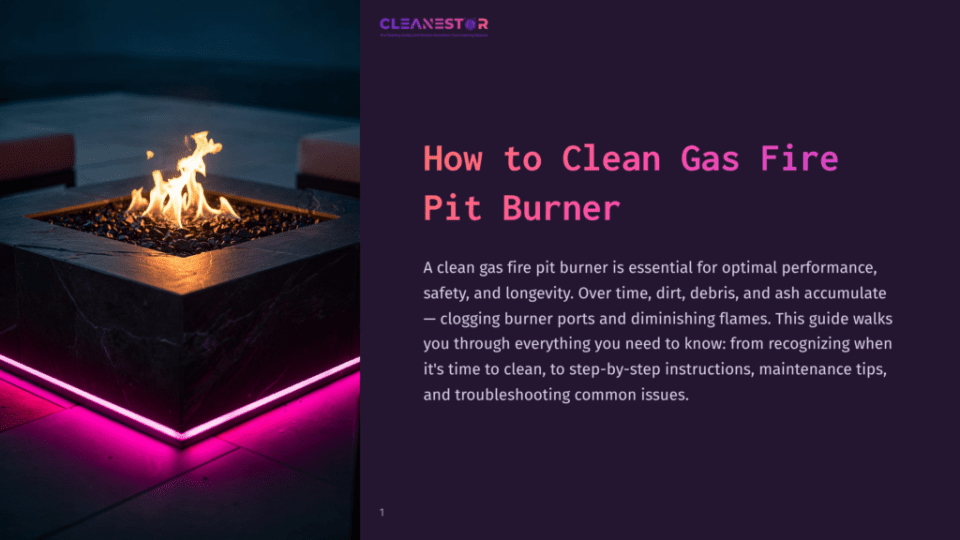 1 How To Clean Gas Fire Pit Burner A Modern Square Gas Fire Pit Burner With Glowing Orange Flames And Purple Led Lighting, On A Dark Stone Surface. Text Overlay: &Quot;Cleanestor - How To Clean Gas Fire Pit Burner&Quot;.