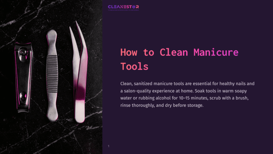 1 How To Clean Manicure Tools Three Manicure Tools On A Dark Surface: A Sleek Nail Clipper, A Curved Tweezer, And A Nail File, Featuring A Gradient Of Purple Hues.