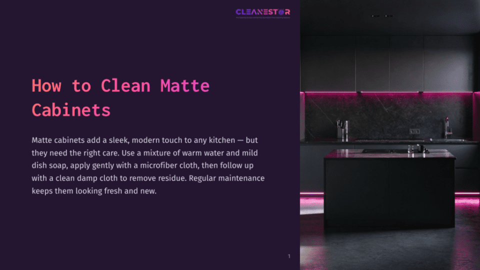1 How To Clean Matte Cabinets Modern Matte Black Kitchen Cabinets With Vibrant Pink Led Under-Cabinet Lighting. The Image Shows A Sleek Island And Countertop, With Text &Quot;How To Clean Matte Cabinets&Quot; Overlaid.