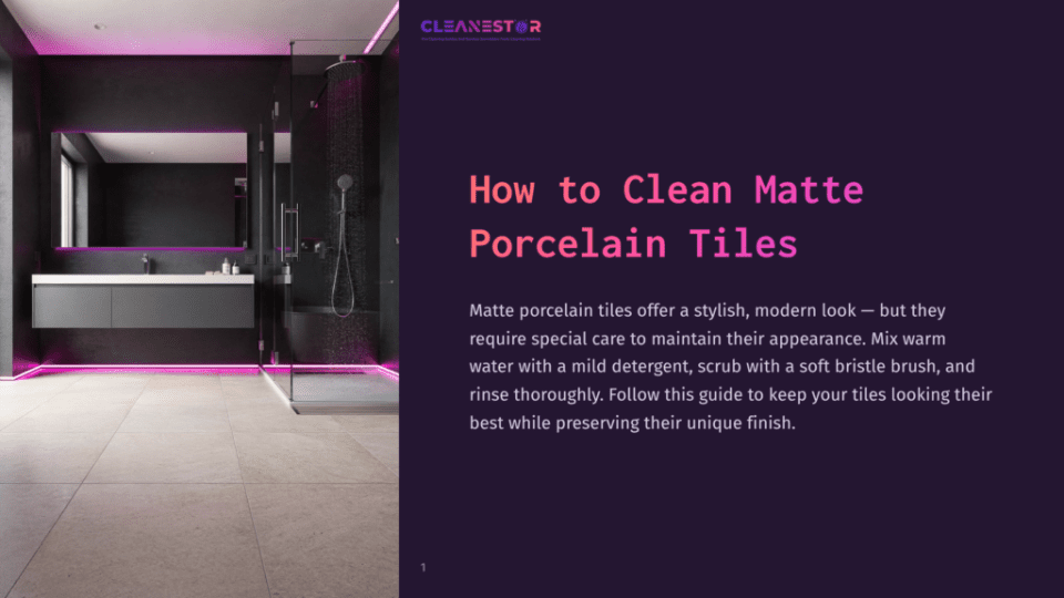 1 How To Clean Matte Porcelain Tiles Modern Bathroom With Matte Porcelain Tiles, Featuring Dark Walls, Sleek Fixtures, And Soft Purple Lighting Under The Vanity.