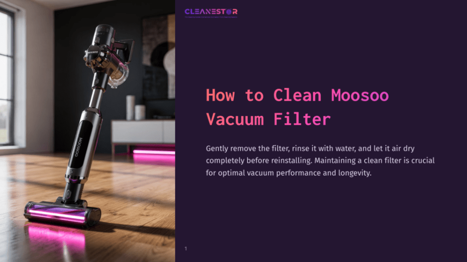A Sleek, Modern Moosoo Vacuum Cleaner With A Purple Led Light On Its Brush Head Stands Upright On A Wooden Floor. The Text &Quot;Cleanestor&Quot; Is Visible At The Top, And &Quot;How To Clean Moosoo Vacuum Filter&Quot; Is Prominently Displayed On The Right Side Of The Image.