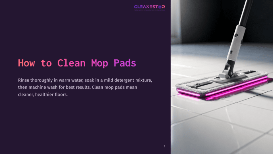 1 How To Clean Mop Pads A Modern Mop With A Pink Led Light On Its Pad Cleans A White Tiled Floor. Text On The Left Reads &Quot;How To Clean Mop Pads.