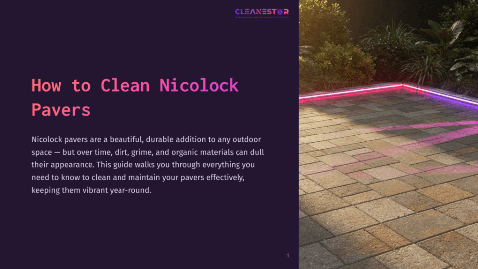 1 How To Clean Nicolock Pavers Cleanestor Logo At The Top Of A Dark Purple Slide With White Text That Reads &Quot;How To Clean Nicolock Pavers&Quot;. Below The Text, A Description Of Nicolock Pavers Is Provided. The Right Side Of The Slide Features A Sunlit Patio With Nicolock Pavers And Colorful Led Lighting.