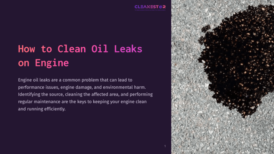 1 How To Clean Oil Leaks On Engine A Dark, Viscous Engine Oil Leak Stains The Textured Grey Asphalt. The Text &Quot;How To Clean Oil Leaks On Engine&Quot; Is Overlaid In A Vibrant Pink And Purple Gradient.
