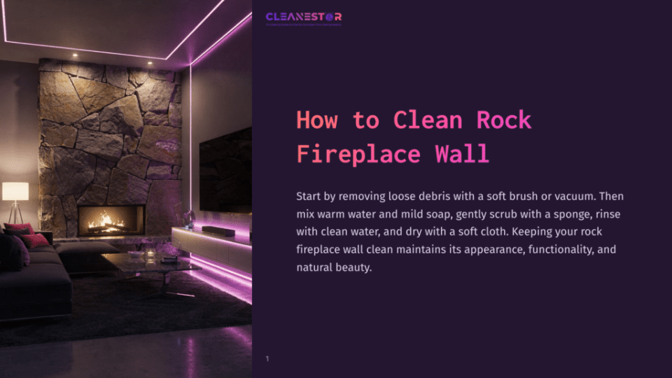 1 How To Clean Rock Fireplace Wall A Modern Living Room Featuring A Stone Fireplace With Soft Lighting And Neon Accents, Illustrating A Clean, Elegant Aesthetic.