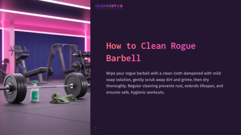 1 How To Clean Rogue Barbell A Black Barbell On A Gym Floor Surrounded By Cleaning Supplies, With Pink And Purple Lights Illuminating The Background.