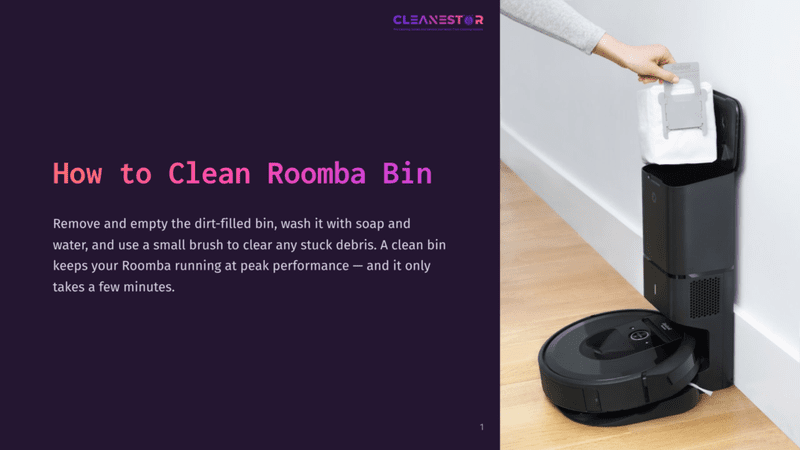 1 How To Clean Roomba Bin A Person Is Holding A Dirt-Filled Roomba Bin, With A Roomba Vacuum Nearby On A Wooden Floor, Against A Purple Background.