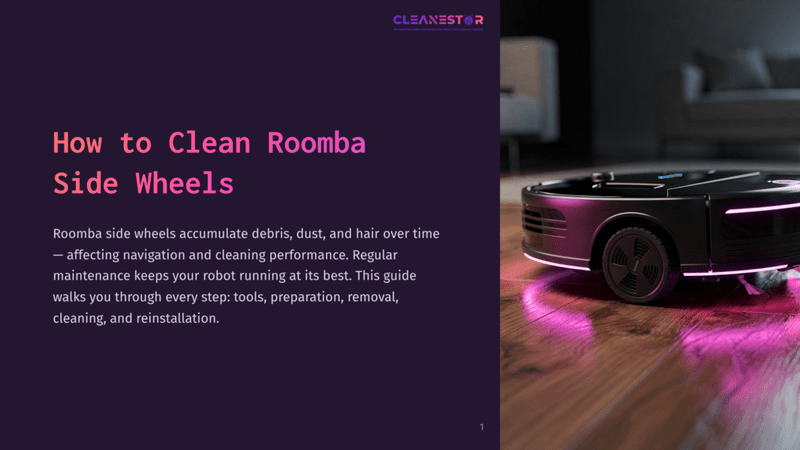 1 How To Clean Roomba Side Wheels A Black Roomba Robot Vacuum With Purple Led Lights Cleans A Wooden Floor, With The Text &Quot;How To Clean Roomba Side Wheels&Quot; Visible On A Dark Background.