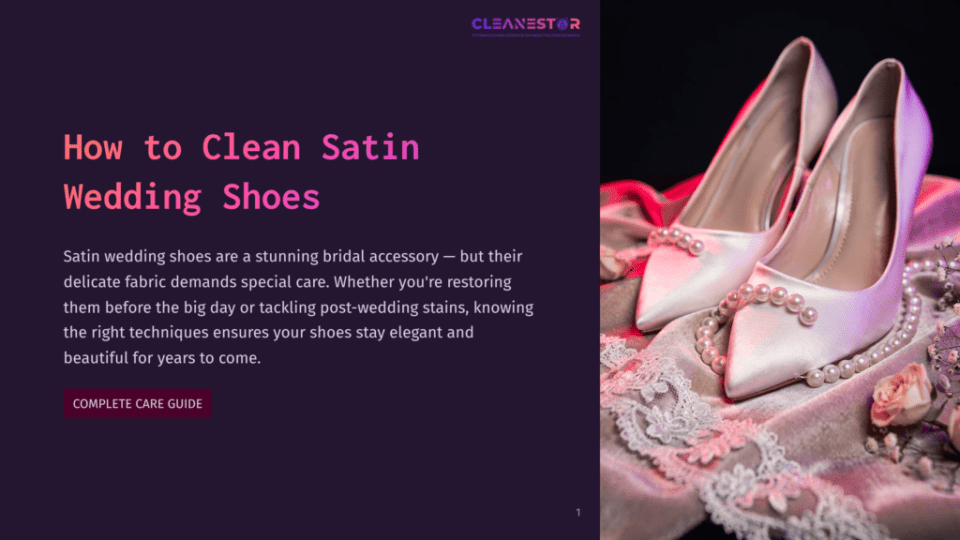 1 How To Clean Satin Wedding Shoes Elegant Satin Wedding Shoes Adorned With Pearls, Resting On A Soft Pink Velvet Fabric With Rose Accents. The Text &Quot;How To Clean Satin Wedding Shoes&Quot; Is Visible On The Left.