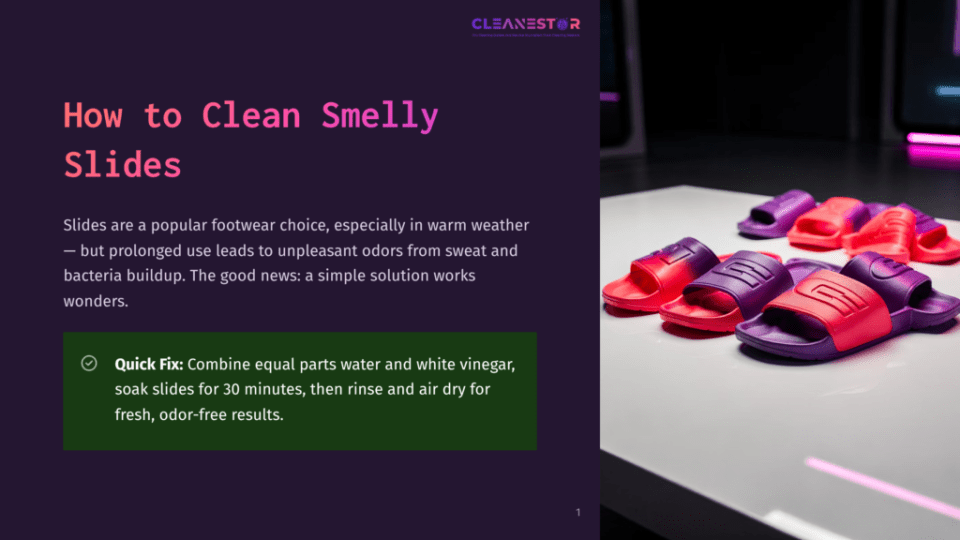 1 How To Clean Smelly Slides Colorful Flip-Flops In Shades Of Red, Purple, And Pink Are Neatly Arranged On A White Surface, With A Dark Background. The Text &Quot;How To Clean Smelly Slides&Quot; Is Visible On The Left.