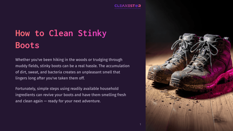 1 How To Clean Stinky Boots Close-Up Of A Pair Of Muddy Hiking Boots On A Wooden Floor, With A Pinkish-Purple Light Illuminating The Scene. The Boots Are Heavily Soiled, Suggesting Recent Outdoor Activity.