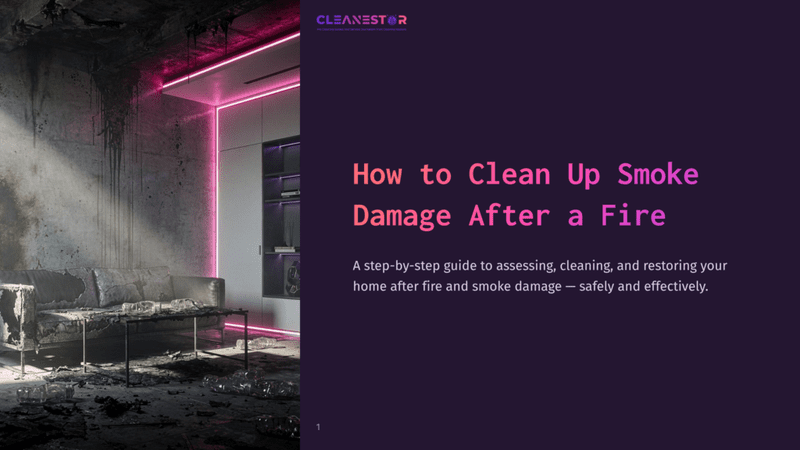 1 How To Clean Up Smoke Damage After A Fire A Living Room With A Couch And Table Damaged By Fire And Smoke, With The Cleanestor Logo And &Quot;How To Clean Up Smoke Damage After A Fire&Quot; Text Overlay.