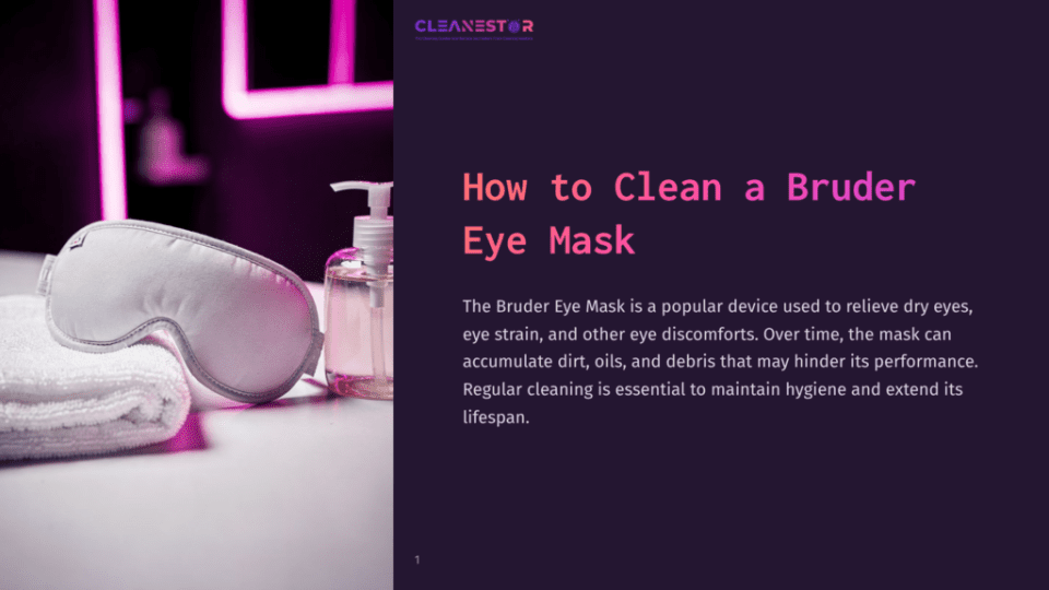 1 How To Clean A Bruder Eye Mask A White Bruder Eye Mask Rests On A Folded White Towel Next To A Clear Pump Bottle Of Liquid, With A Blurred Background Of Purple And White Lighting.