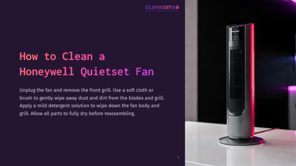 1 How To Clean A Honeywell Quietset Fan A Sleek, Tall Honeywell Quietset Fan On A White Table, Accompanied By Cleaning Instructions In Bold Purple And White Text On A Dark Background.