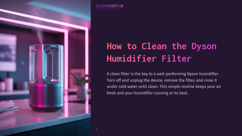Cleanestor Logo Above A Guide On How To Clean A Dyson Humidifier Filter, Showing A Modern Humidifier Emitting Mist, Illuminated By Neon Pink And Blue Lights.