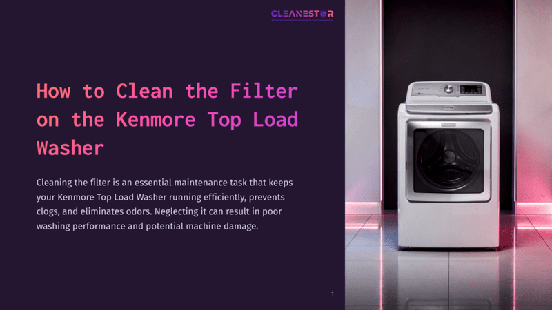 A White Kenmore Top-Load Washer Stands In A Modern Laundry Room With Pink Neon Lighting. Text Overlay Reads &Quot;How To Clean The Filter On The Kenmore Top Load Washer.
