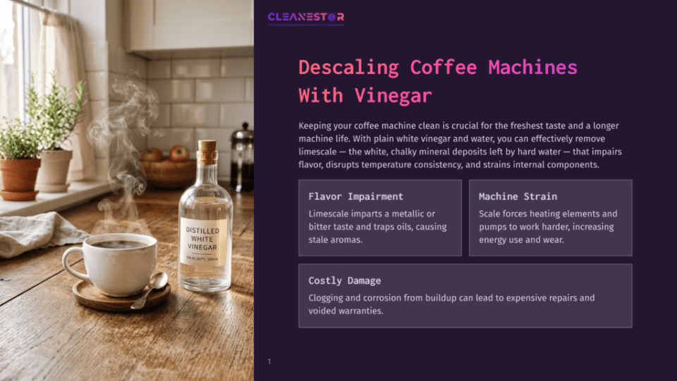 1 Descaling Coffee Machines With Vinegar A Steaming Cup Of Coffee Sits On A Wooden Counter Next To A Bottle Of Distilled White Vinegar, With A Coffee Machine In The Background. The Bottle Label Reads &Quot;Distilled White Vinegar 5% Acidity, 500Ml&Quot;.