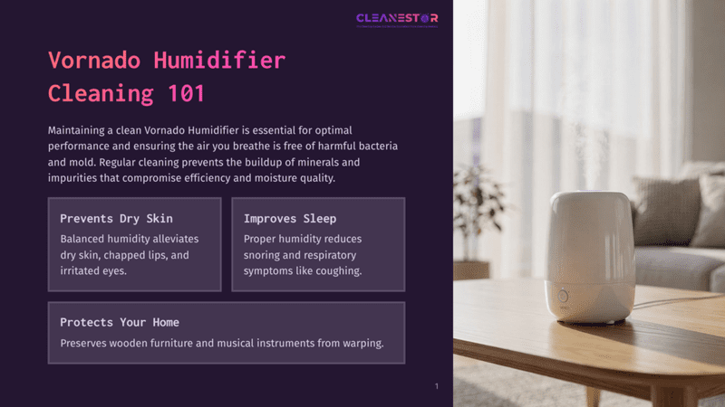 1 Vornado Humidifier Cleaning 101 A White Vornado Humidifier Sits On A Wooden Table In A Bright, Modern Living Room, With A Sofa And Window In The Background. The Humidifier Has A Sleek, Minimalist Design.