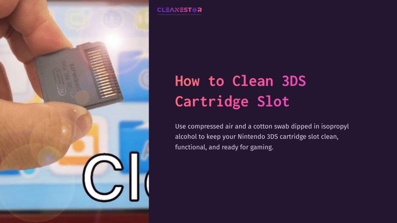 1 How To Clean 3Ds Cartridge Slot Hand Holding A Nintendo 3Ds Cartridge With Pins Visible, Against A Colorful Blurred Background, Suggesting Cleaning And Maintenance.