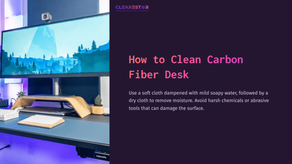 1 How To Clean Carbon Fiber Desk A Clean Workspace Featuring A Carbon Fiber Desk, Dual Monitors, And A Wooden Stand, Set Against A Purple Background With Cleaning Tips.
