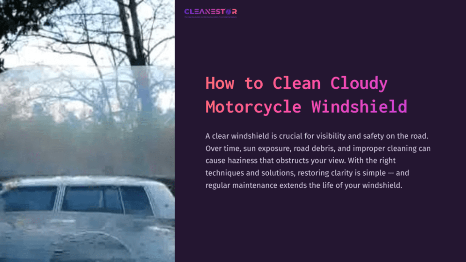 1 How To Clean Cloudy Motorcycle Windshield A Cloudy Motorcycle Windshield With Debris, Surrounded By A Blurred Outdoor Background, Highlighting The Need For Cleaning.