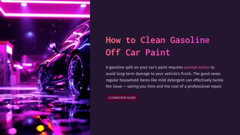 1 How To Clean Gasoline Off Car Paint A Sleek Black Car With Shiny Curves Is Parked On A Reflective Surface Under Neon Pink Lights, Highlighting The Cleaning Tips Beside It.