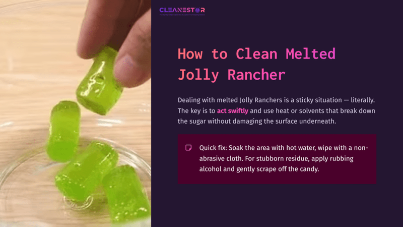1 How To Clean Melted Jolly Rancher A Clear Bowl Contains Several Green, Melted Jolly Rancher Candies, With A Purple Background Showcasing Cleaning Tips For Sticky Situations.